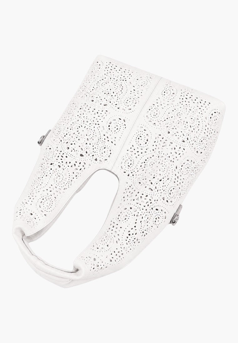 Side view of the white ecological leather handbag with rounded shape and shoulder straps.
