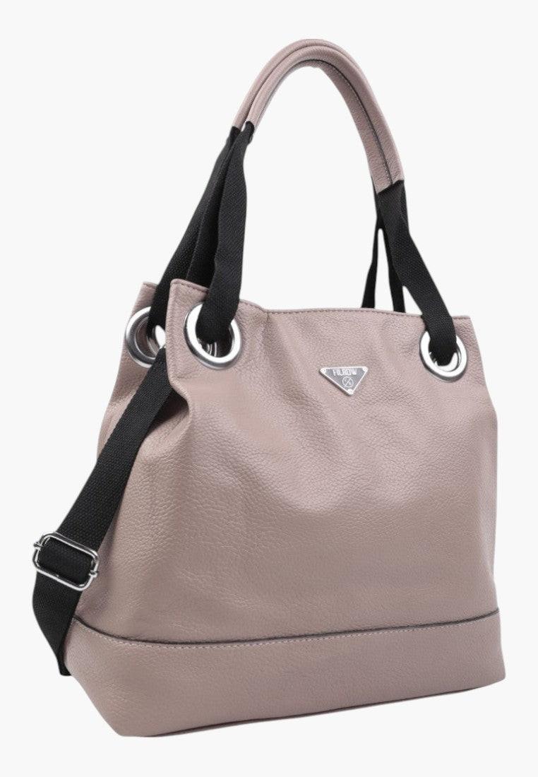 Bok torebki damskiej shopper w kolorze khaki z ekologiczną skórą, z podwójnymi uchwytami.