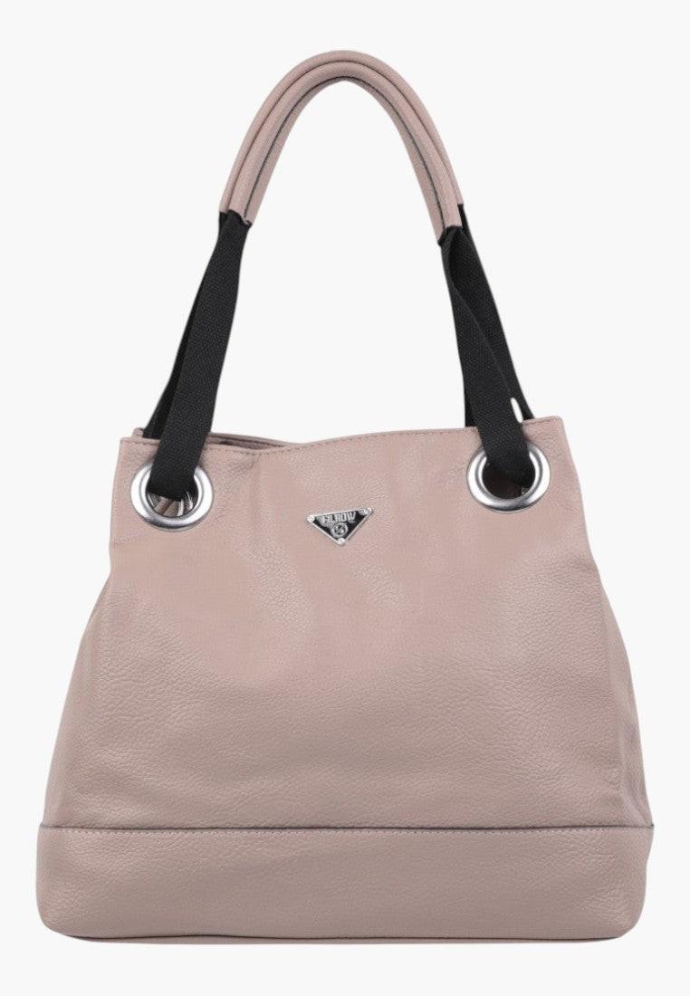 Przód torebki damskiej shopper w kolorze khaki z ekologiczną skórą, z zamkiem i logo.
