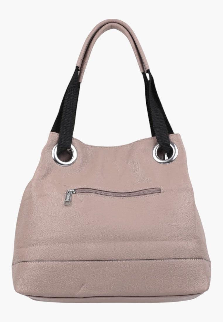 Tył torebki damskiej shopper w kolorze khaki z ekologiczną skórą, z kieszenią na zamek.