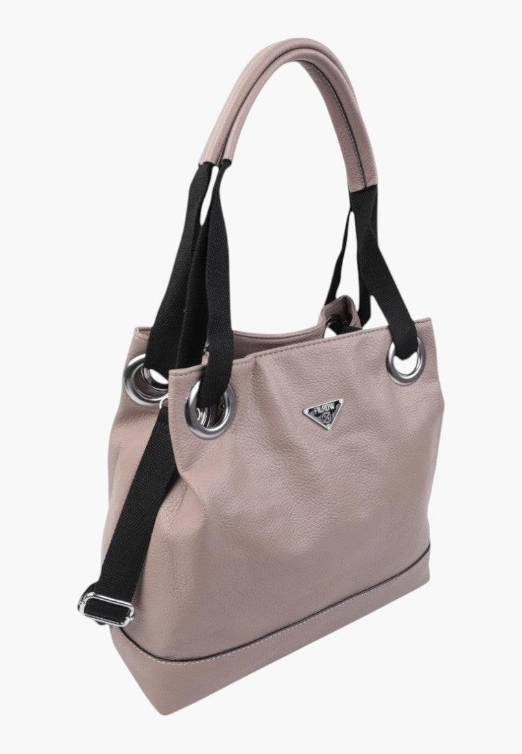 Tył torebki damskiej shopper w kolorze khaki z ekologiczną skórą, z kieszenią na zamek i strukturalnym designem.