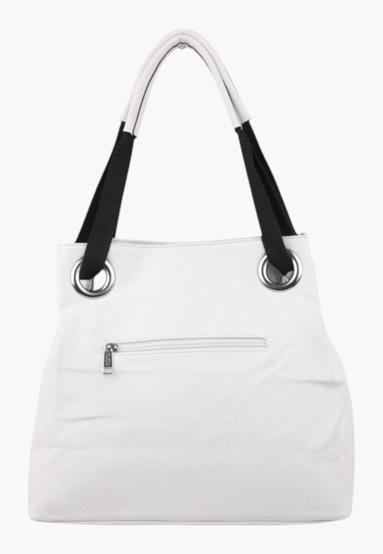 Biała torebka damska shopper z logo, widok z przodu.