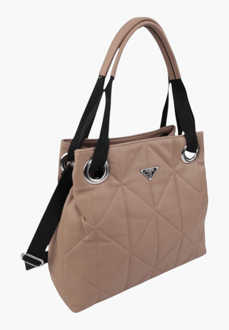Torebka damska shopper w brązowym kolorze, widok z przodu, z wieloma paskami.