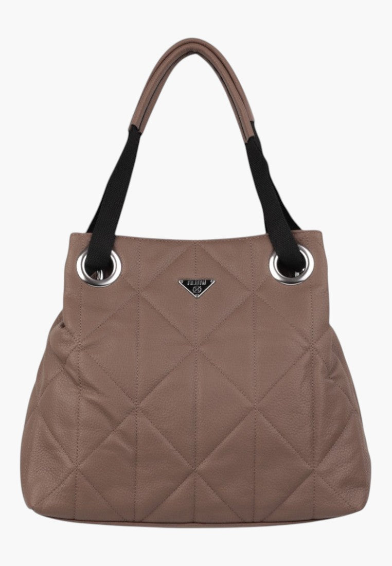 Torebka damska shopper na ramię w brązowym kolorze, widok z przodu z gładką teksturą i logo.