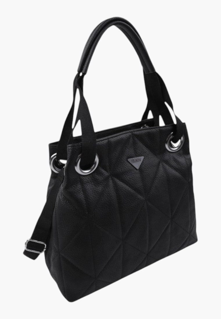 Torebka damska shopper na ramię w czarnym kolorze, widok z boku.