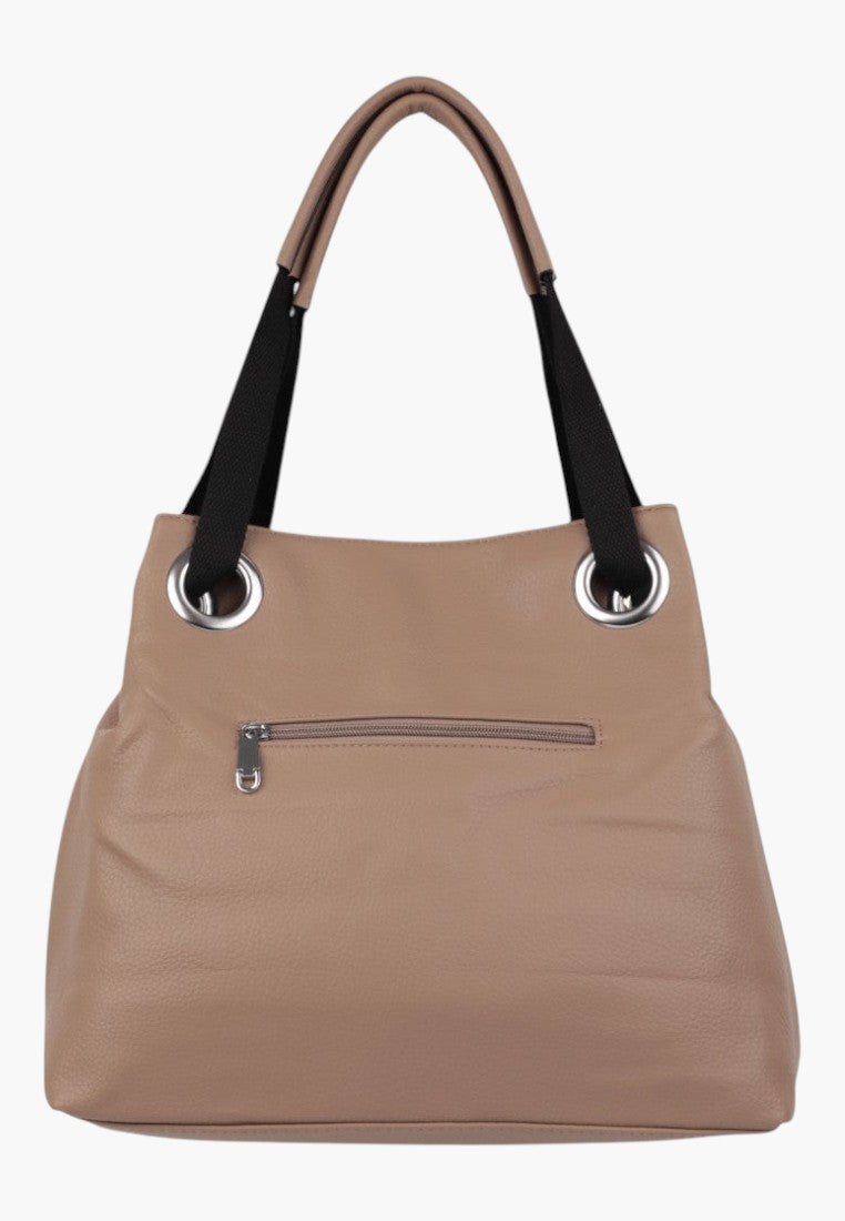Torebka damska shopper w kolorze tan, widok z tyłu, z kieszenią na zamek.