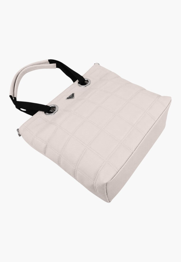 Widok z góry na pikowaną torebkę shopper z podwójnymi uchwytami.