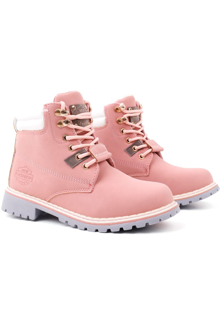 Front view of pink lace-up boots with a chunky sole on a white background.