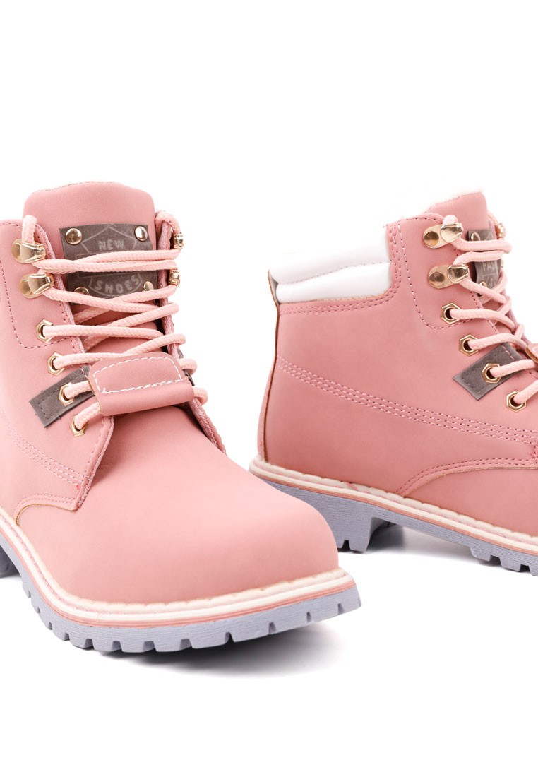 Front view of pink lace-up boots with a chunky sole on a white background.