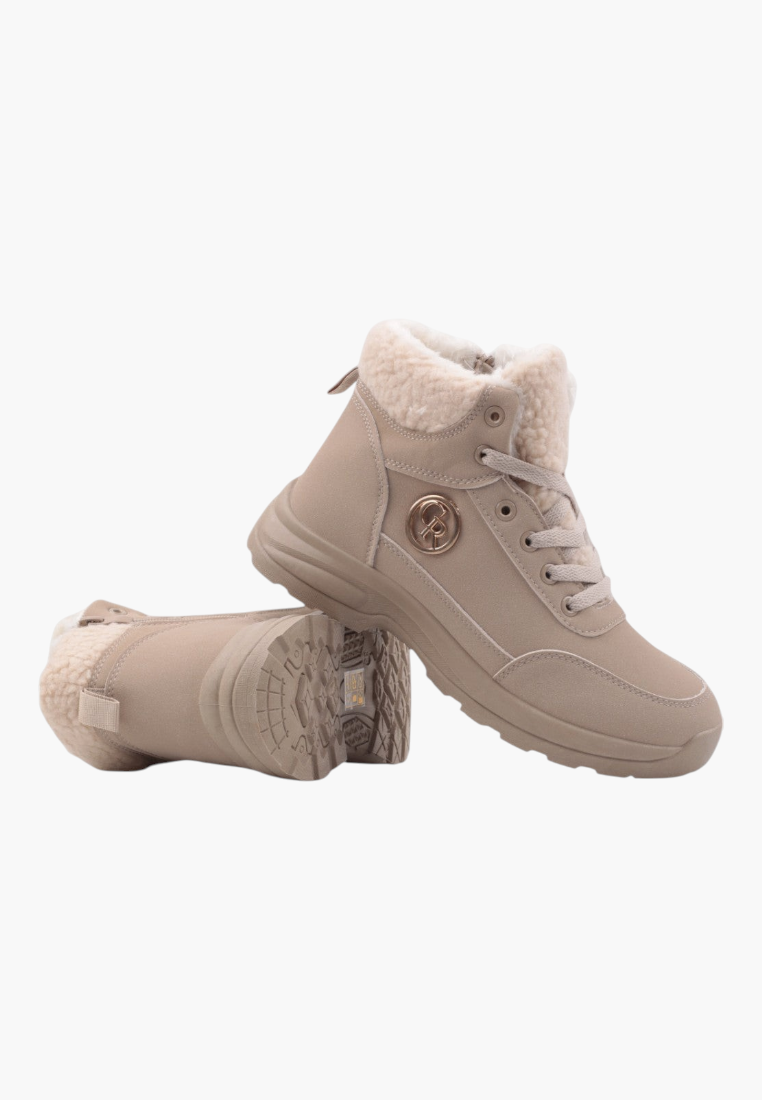 Front view of beige winter boots showcasing lace-up design and fur collar.