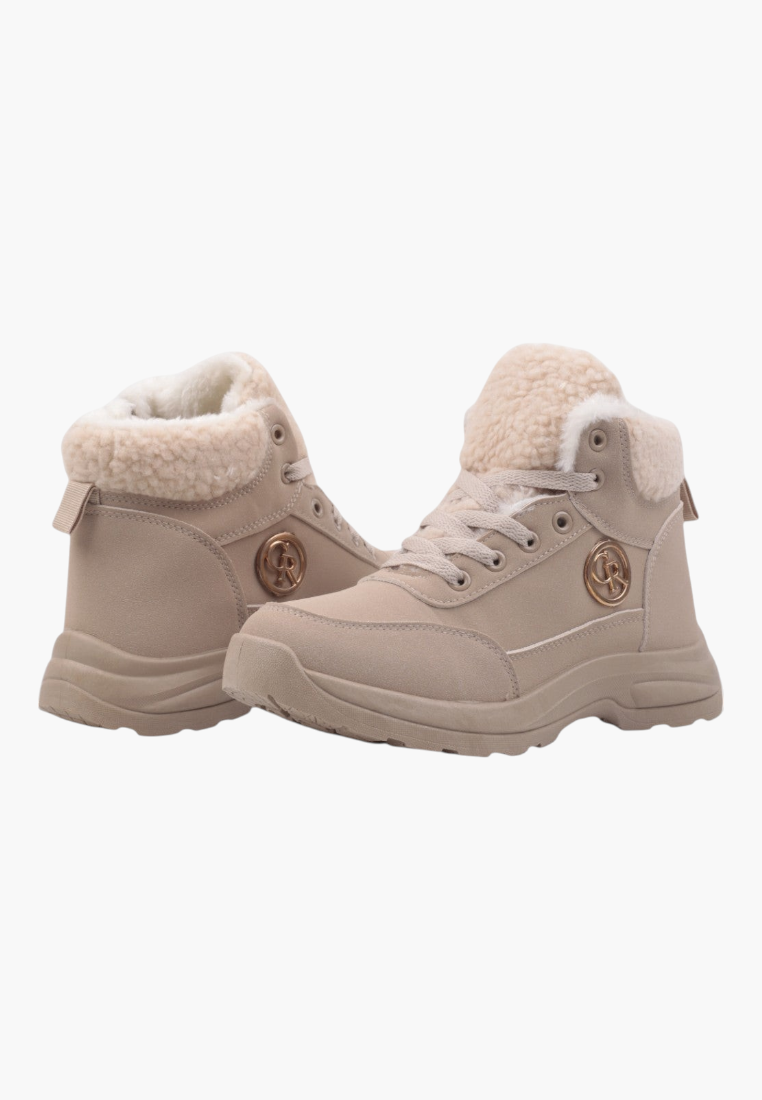 Top view of beige winter boots with fur lining and padded collar.