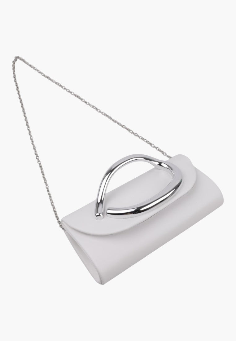 Back view of the white clutch bag highlighting the plain back and shoulder strap