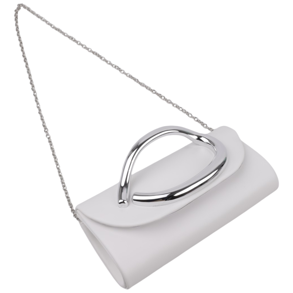 Back view of the white clutch bag highlighting the plain back and shoulder strap
