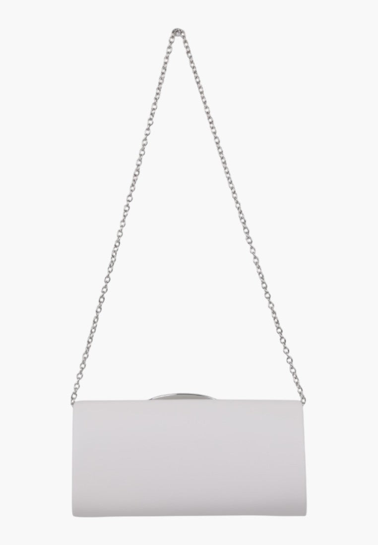 Back view of the white clutch bag showcasing a simple design with a shoulder strap
