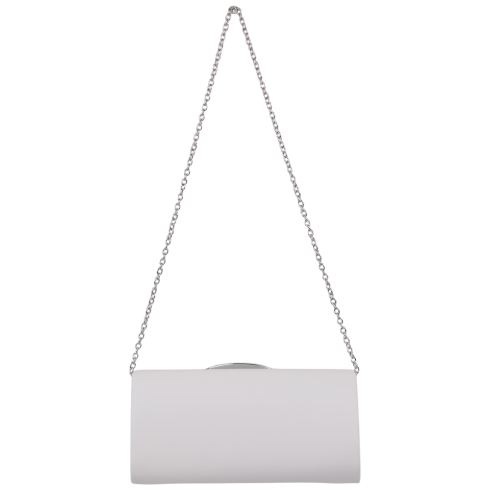 Back view of the white clutch bag showcasing a simple design with a shoulder strap