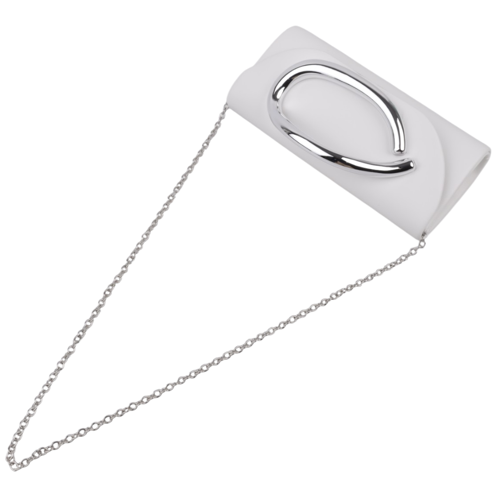 Detail of the silver clasp on the white clutch bag against a white background