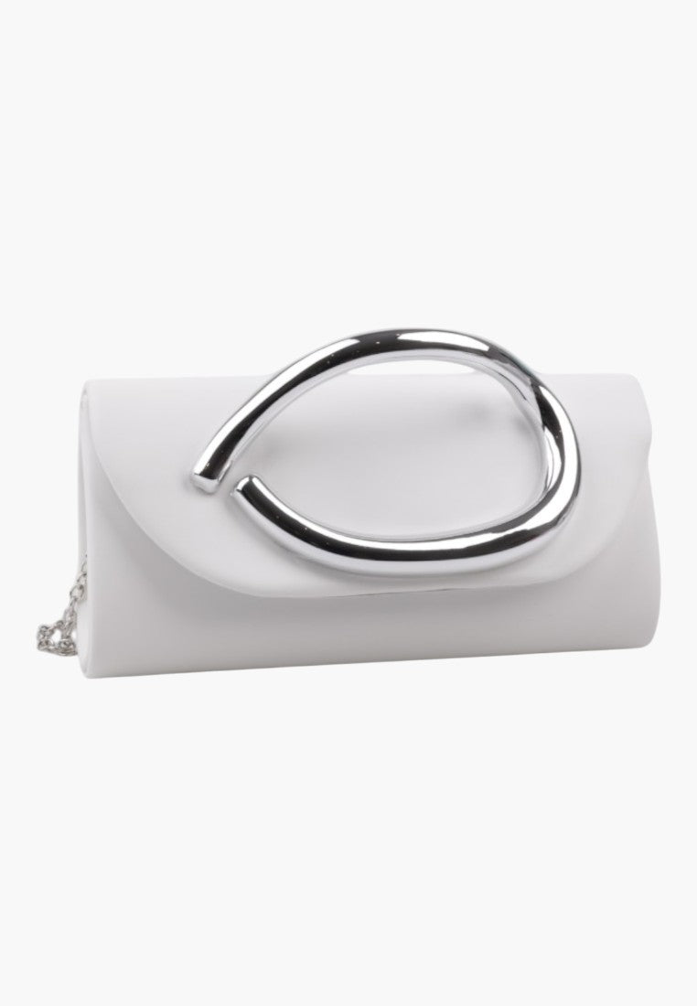 Detail of the white clutch bag featuring a silver handle on a white background