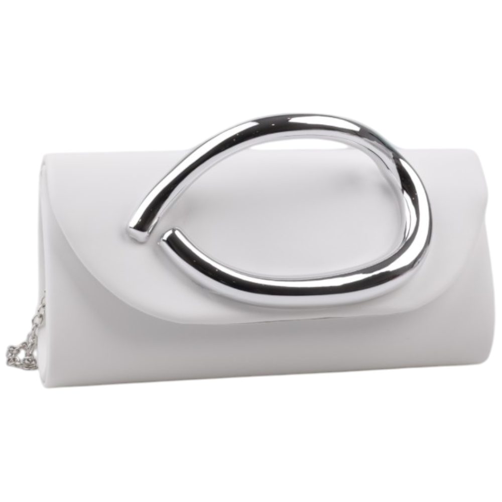 Detail of the white clutch bag featuring a silver handle on a white background
