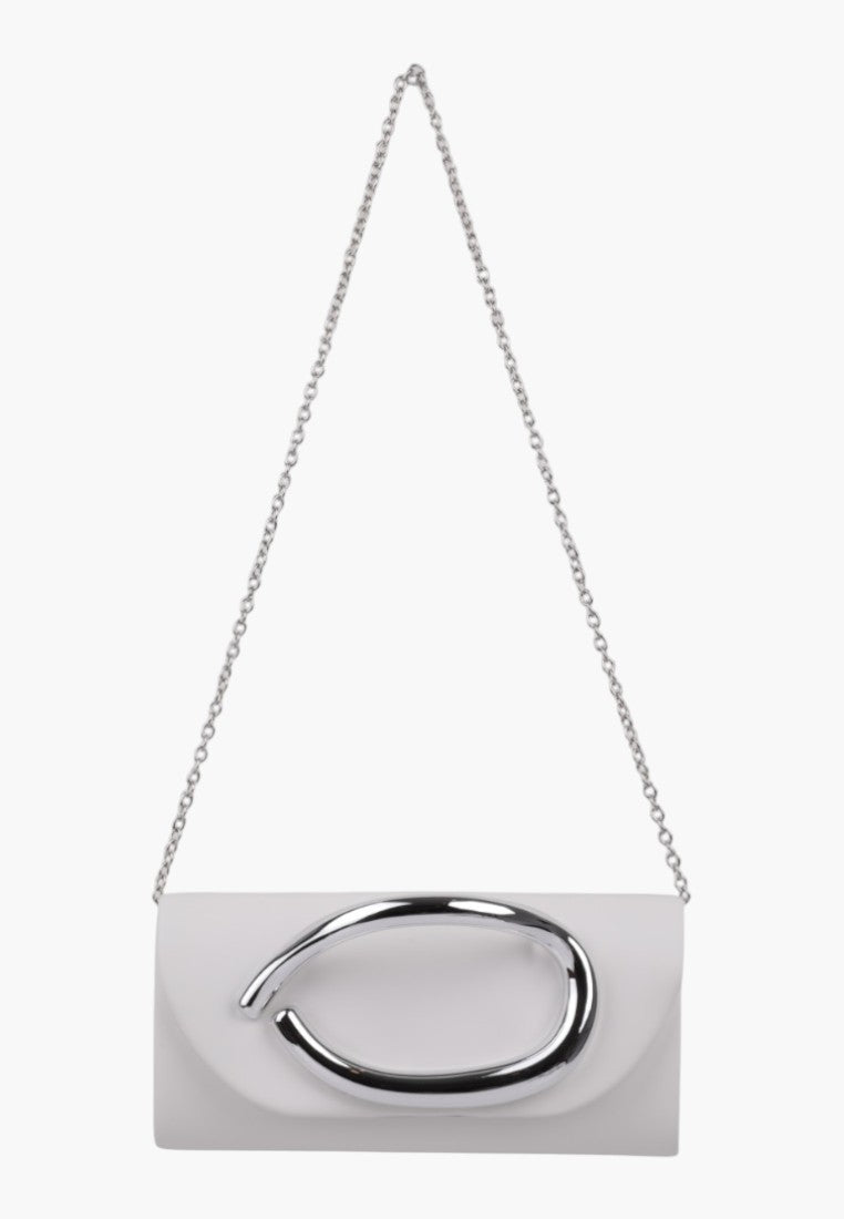 Side view of the white clutch bag with a shoulder strap on a white background