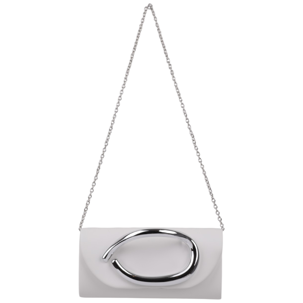 Side view of the white clutch bag with a shoulder strap on a white background