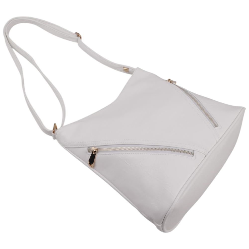 Back view of the white handbag featuring a zipper closure and gold hardware