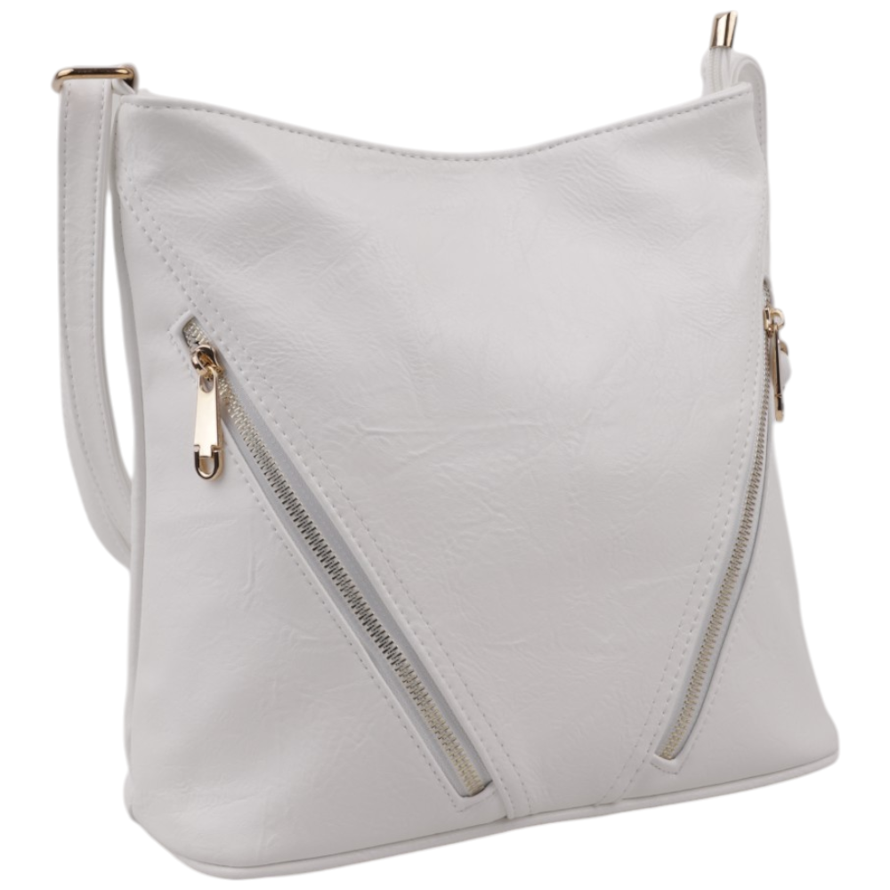 Detail close-up of the white handbag showcasing zipper details and gold hardware