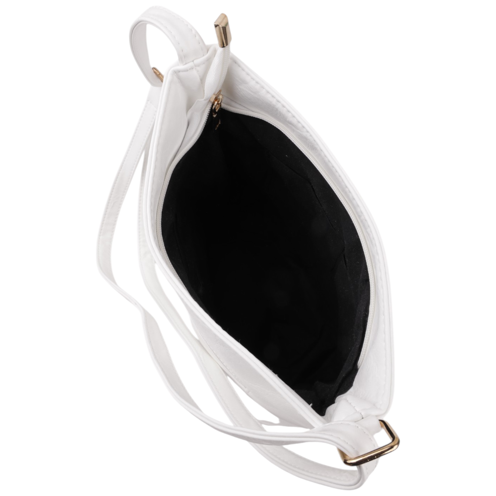 Detail close-up of the interior of the handbag showing black lining and spacious design