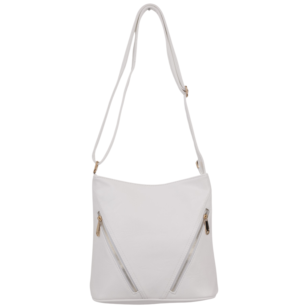 Side view of the white handbag with an adjustable strap and gold hardware