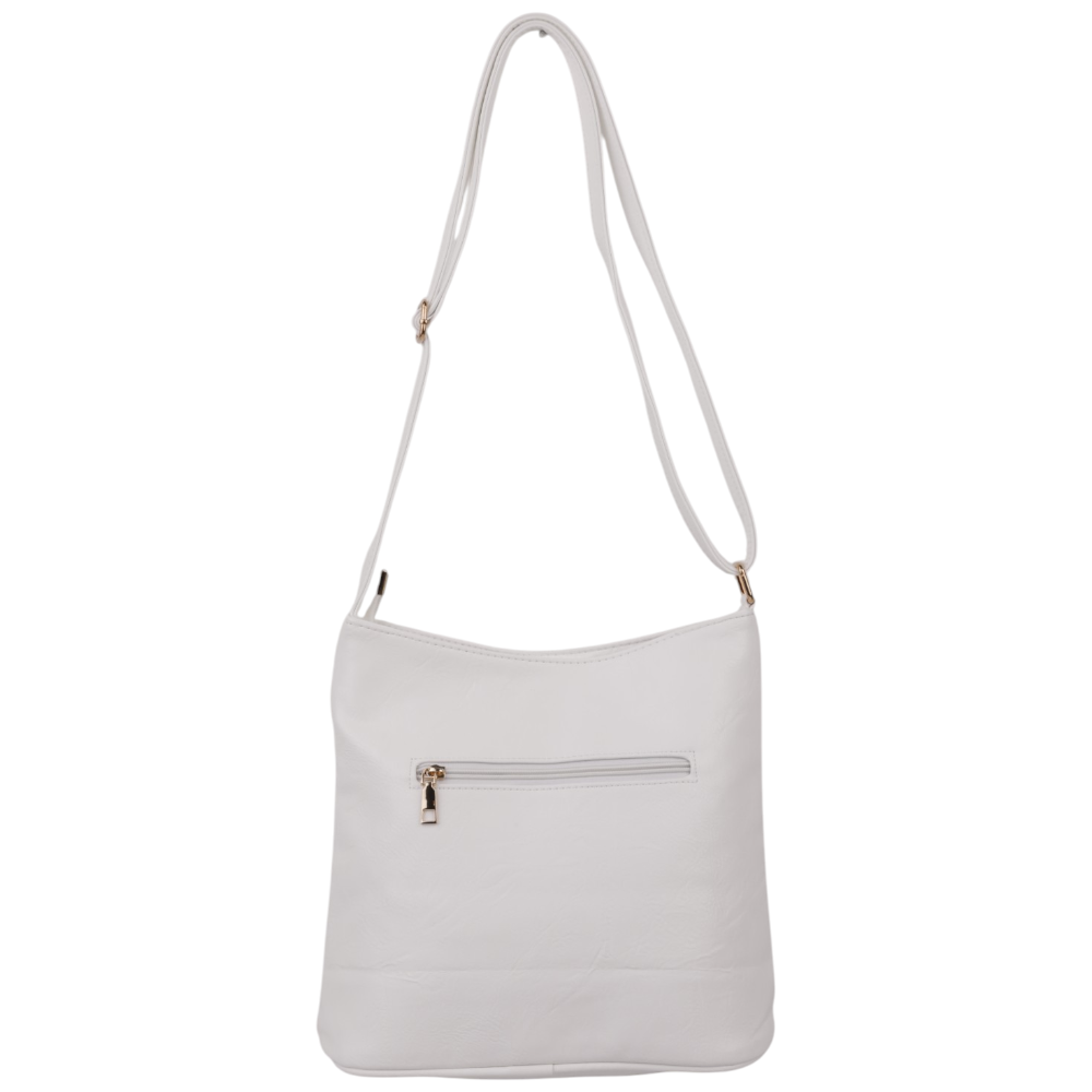 Side view of the white handbag highlighting zipper details and gold hardware