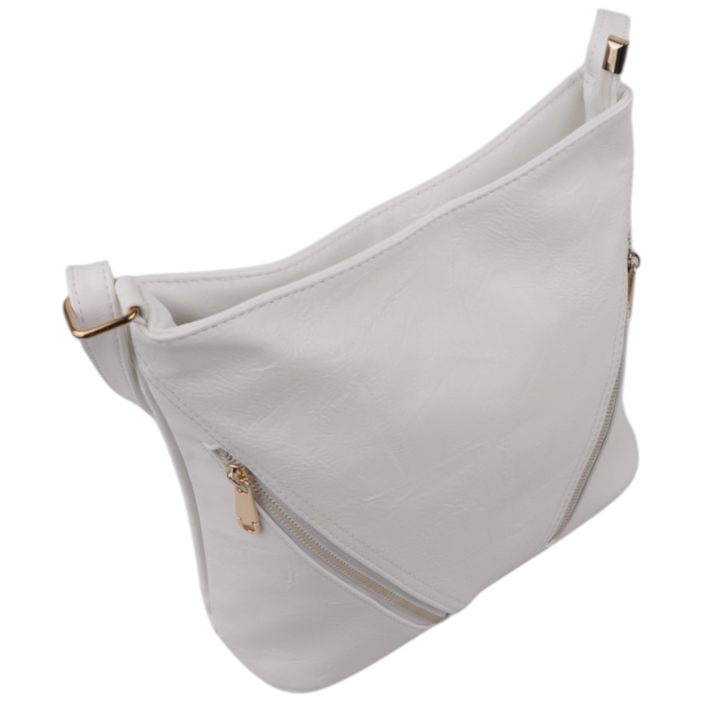Side view of the white handbag with a zipper closure and gold hardware