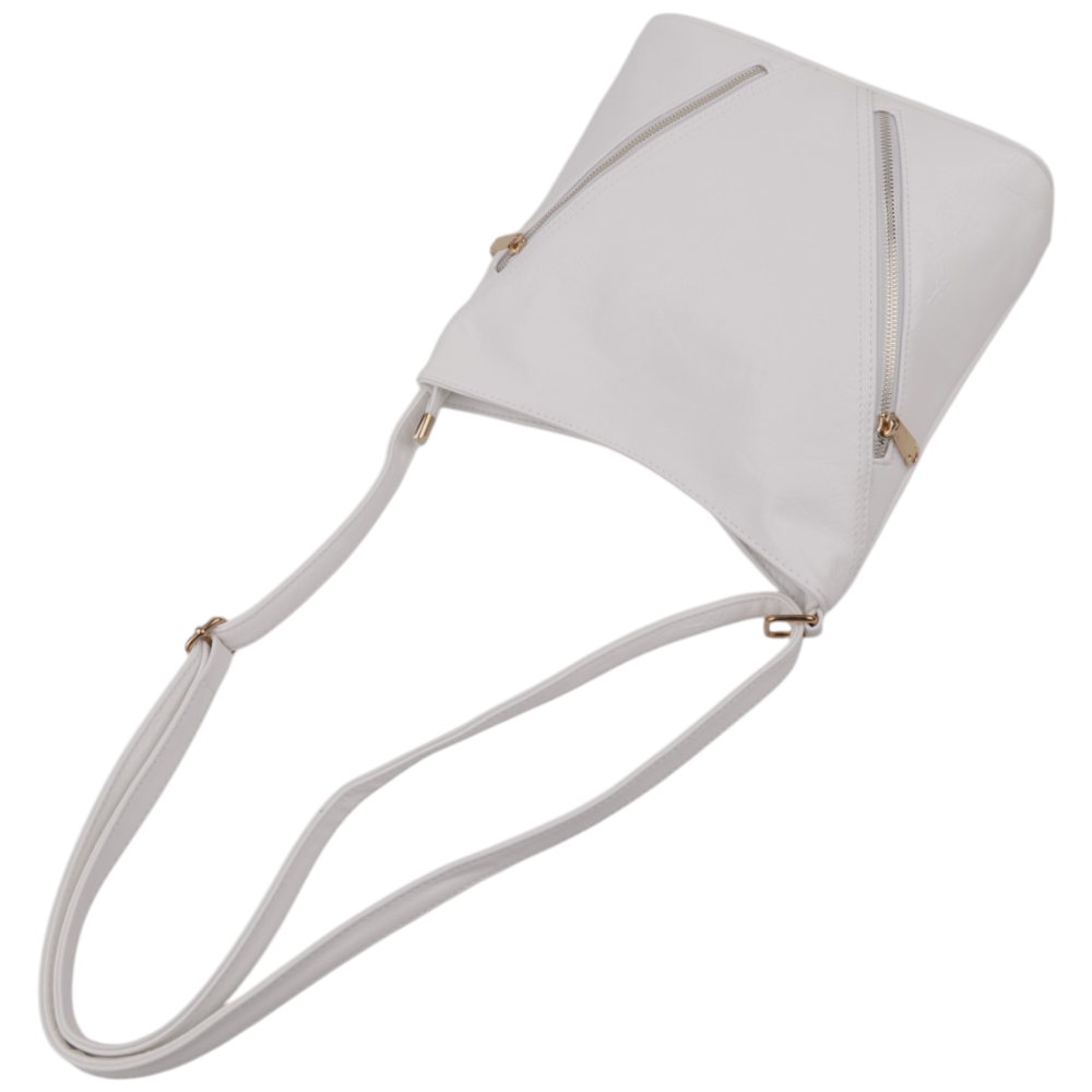 Side view of the white handbag with a crossbody strap and gold hardware