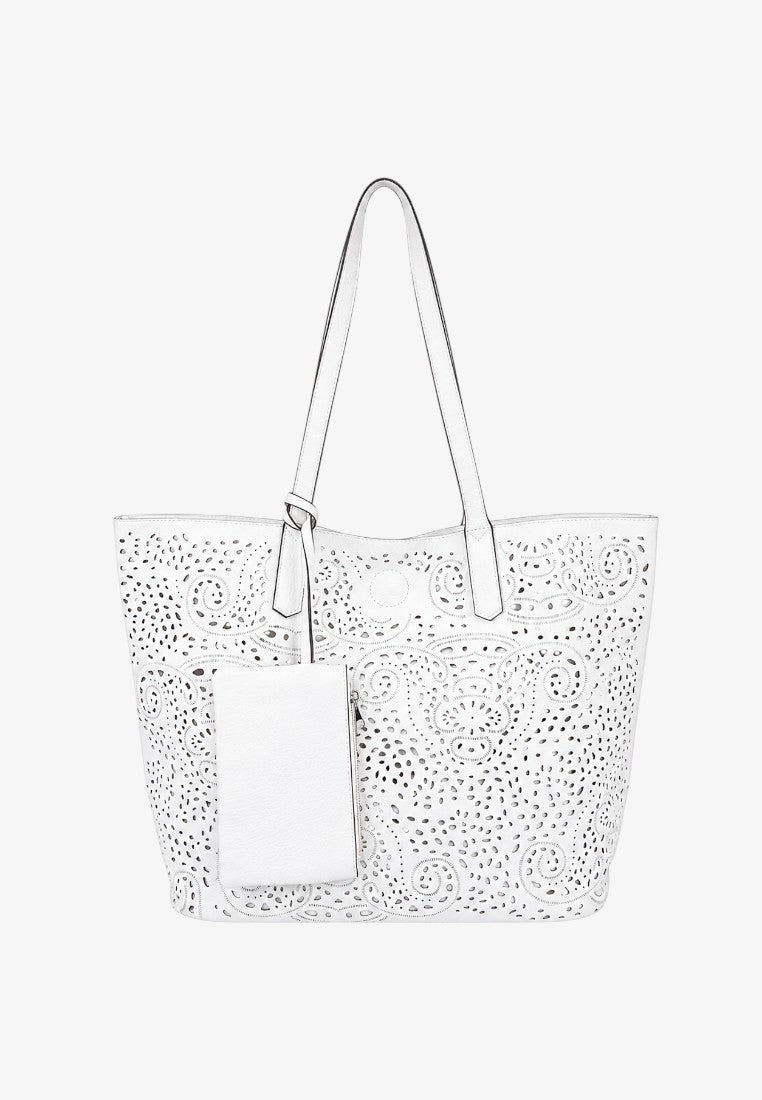 Front view of a white patterned tote bag with silver hardware.