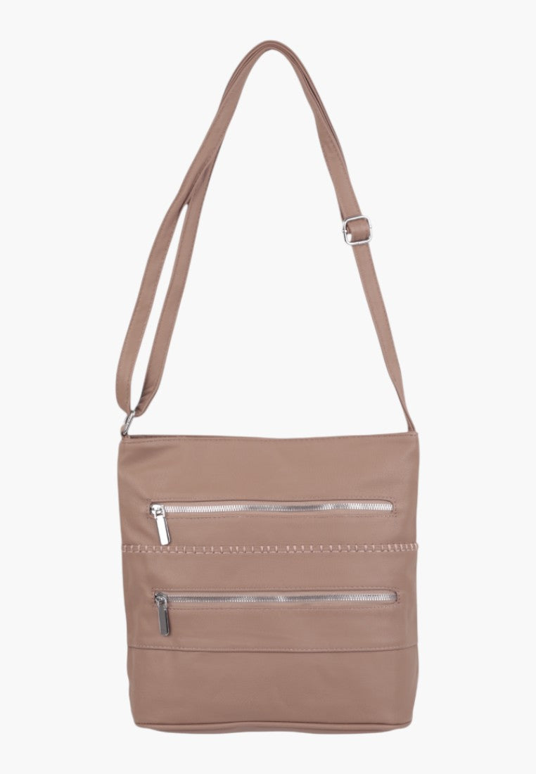 Front view of a brown shoulder bag with zippers and a flat design.