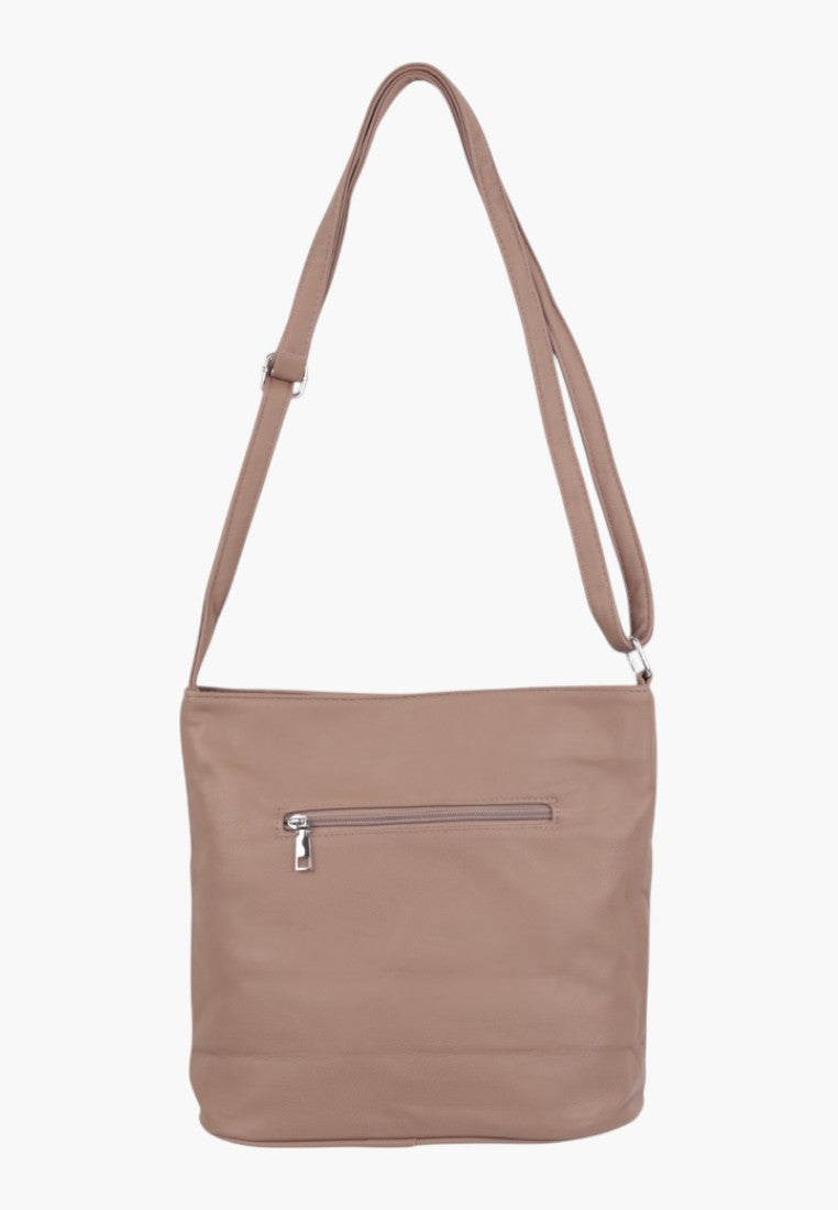 Front view of a brown shoulder bag with a zipper closure and simple design.