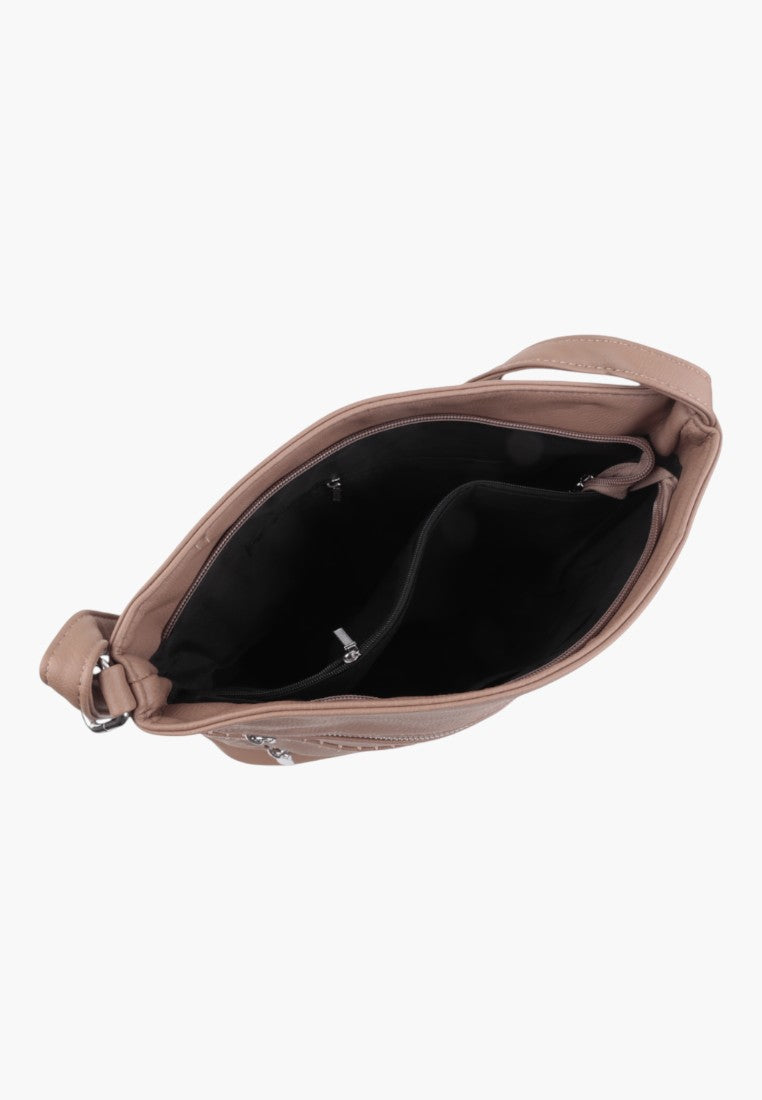 Interior view of a brown shoulder bag showing its spacious design with multiple compartments.
