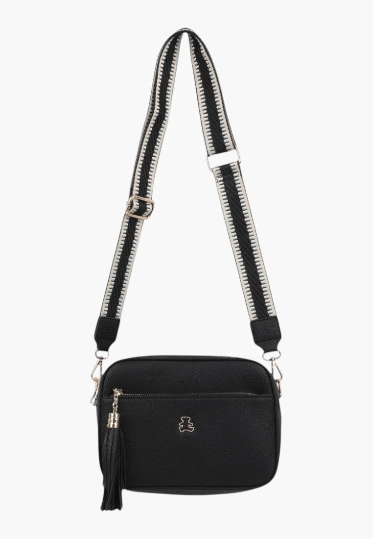 Stylowa torebka listonoszka damska w czerni, w stylu lifestyle, z regulowanym paskiem i zamkiem.