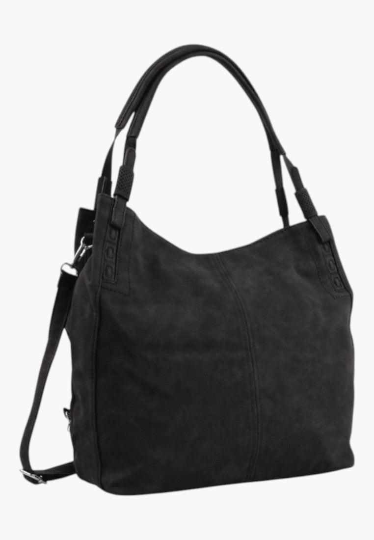 Boczny widok wielokolorowej torebki damskiej shopper na ramię z miękkiego materiału.
