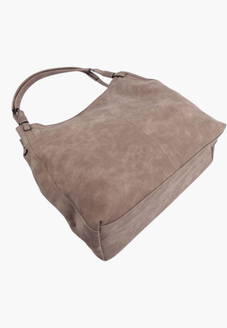 Inny widok wielokolorowej torebki damskiej shopper na ramię z miękkiego materiału z płaskim dnem.