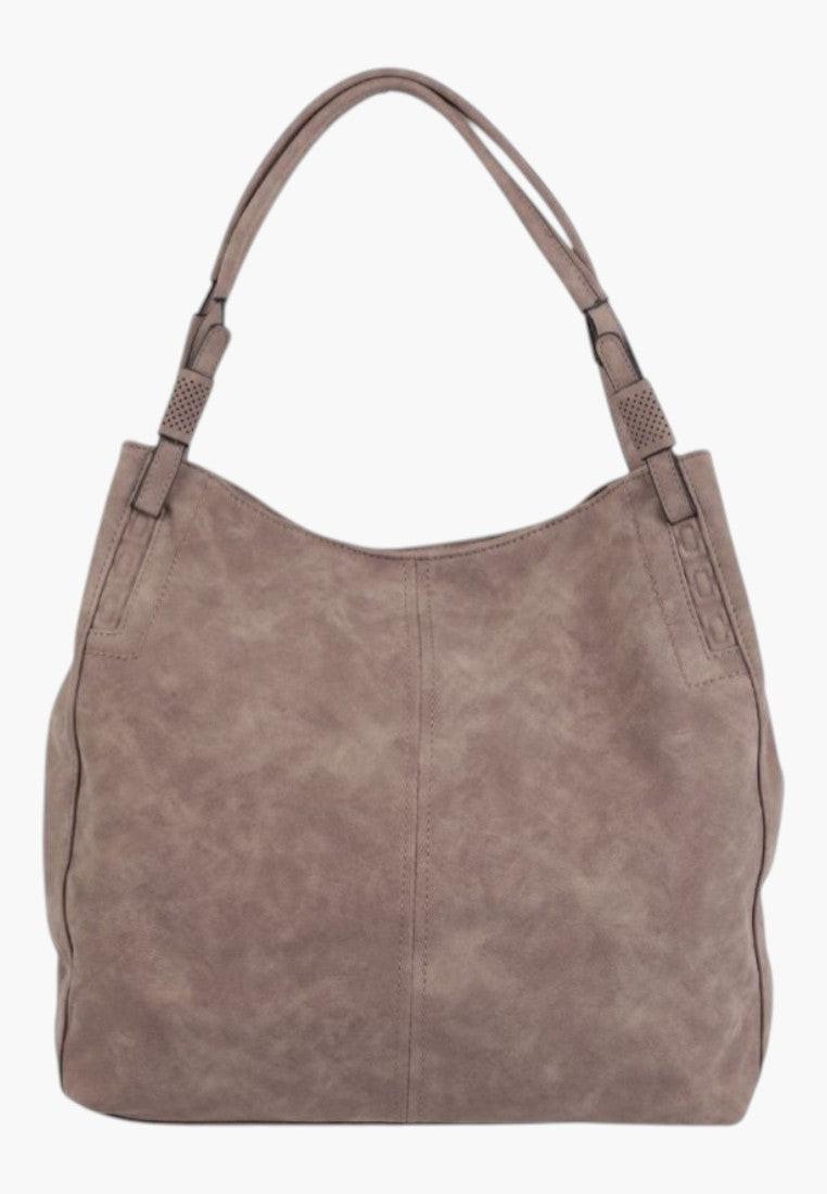 Przedni widok wielokolorowej torebki damskiej shopper na ramię z miękkiego materiału.