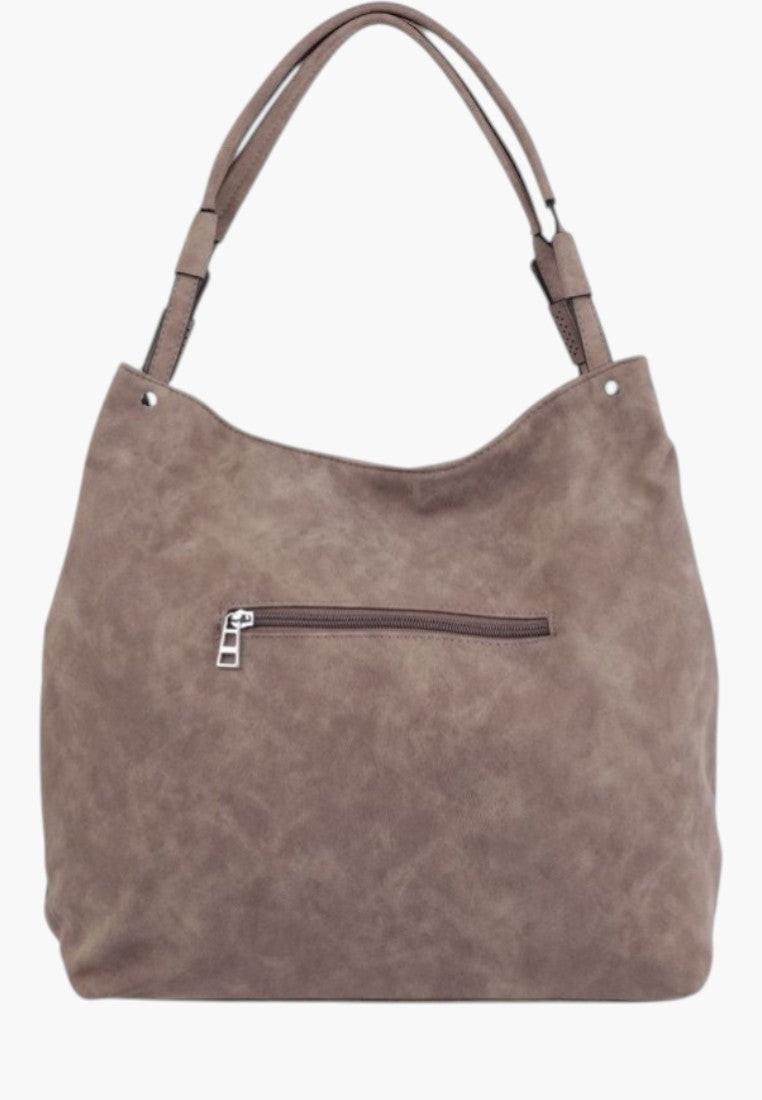 Tylny widok wielokolorowej torebki damskiej shopper na ramię z miękkiego materiału.