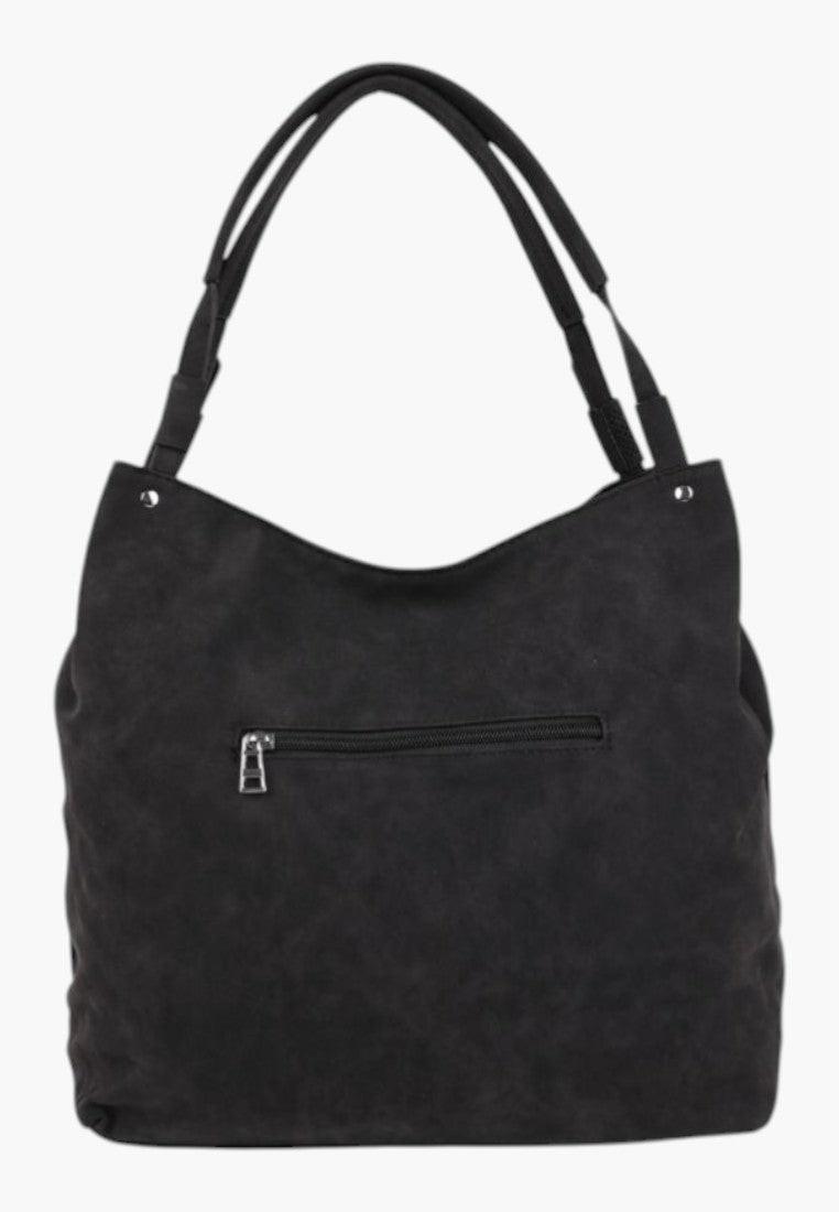 Tylny widok wielokolorowej torebki damskiej shopper na ramię z minimalistycznym designem.
