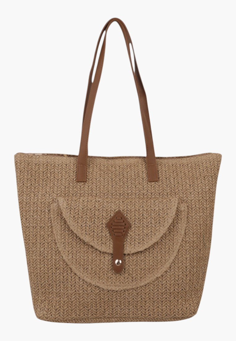 Wielokolorowa torebka damska shopper na ramię z przodu, z długimi uchwytami.