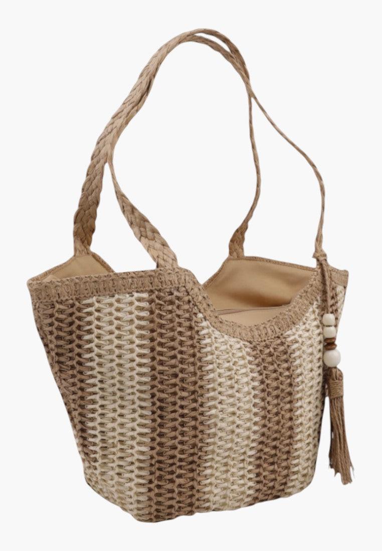 Widok z przodu wielokolorowej torebki shopper z paskiem i detalem frędzla.